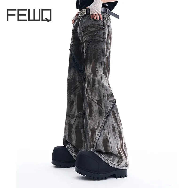 

FEWQ Deconstructs Men's Jeans Cut Design Dyed Pants 2024 darkwear high street vintage new Korea fashion male trousers