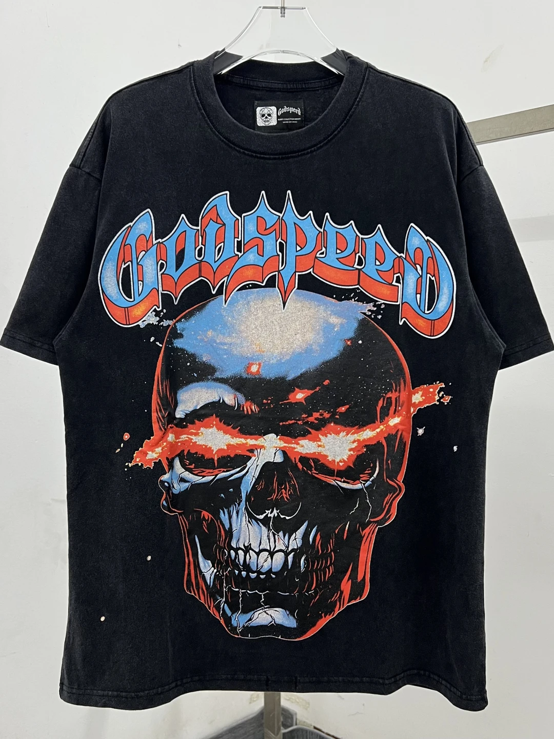 

High Quali Godspeed American Retro High Street Skull Head Letter Print ort Sve T-irt Summer Pure Cotton f Sve T