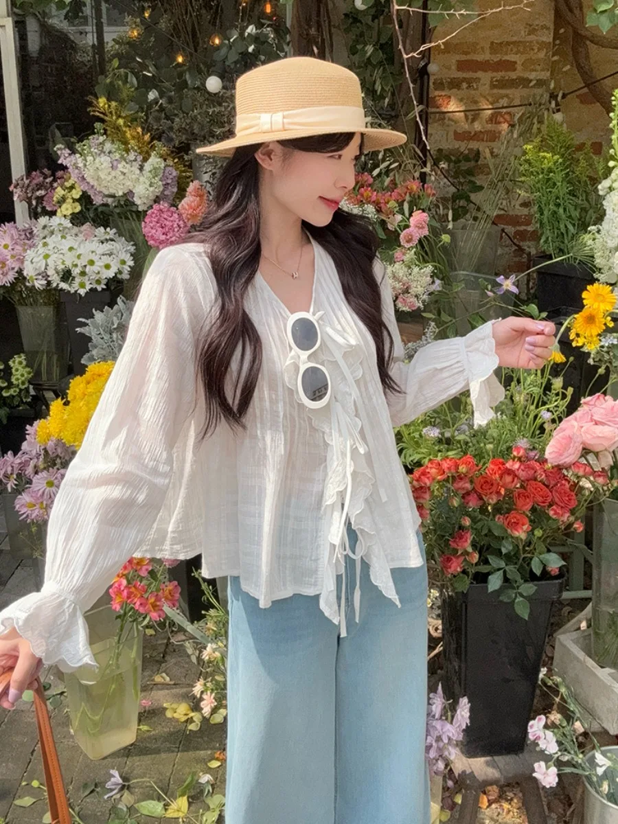 

Стильная женская рубашка больших размеров с V-образным вырезом, длинным рукавом, свободного кроя, с цветочным принтом, дышащая, в повседневном стиле, летняя мода