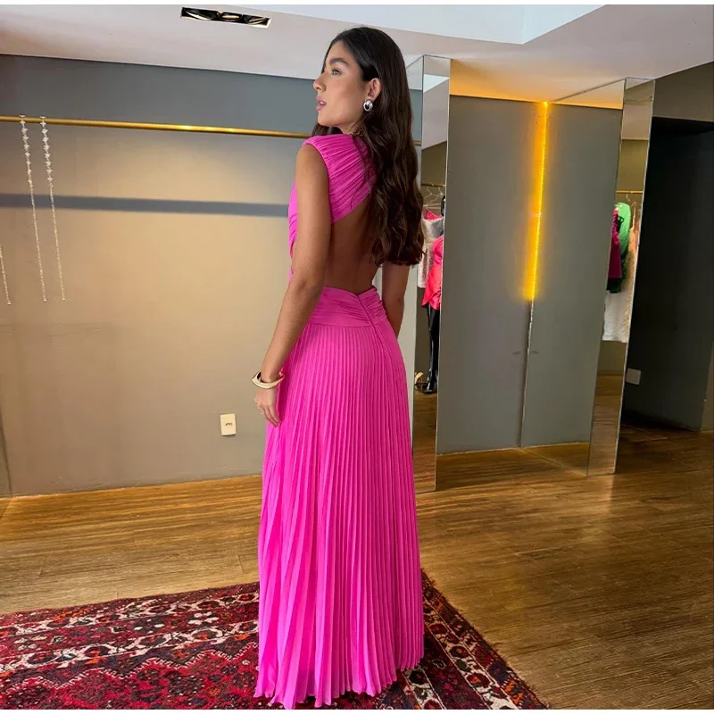 Elegantes 2026 Neues Rückenfreies Damenkleid mit Überkreuz-Taille Ärmelloses A-Linien-Kleid mit Raffungen Langes Abendkleid Formelles Partykleid – Detail 5
