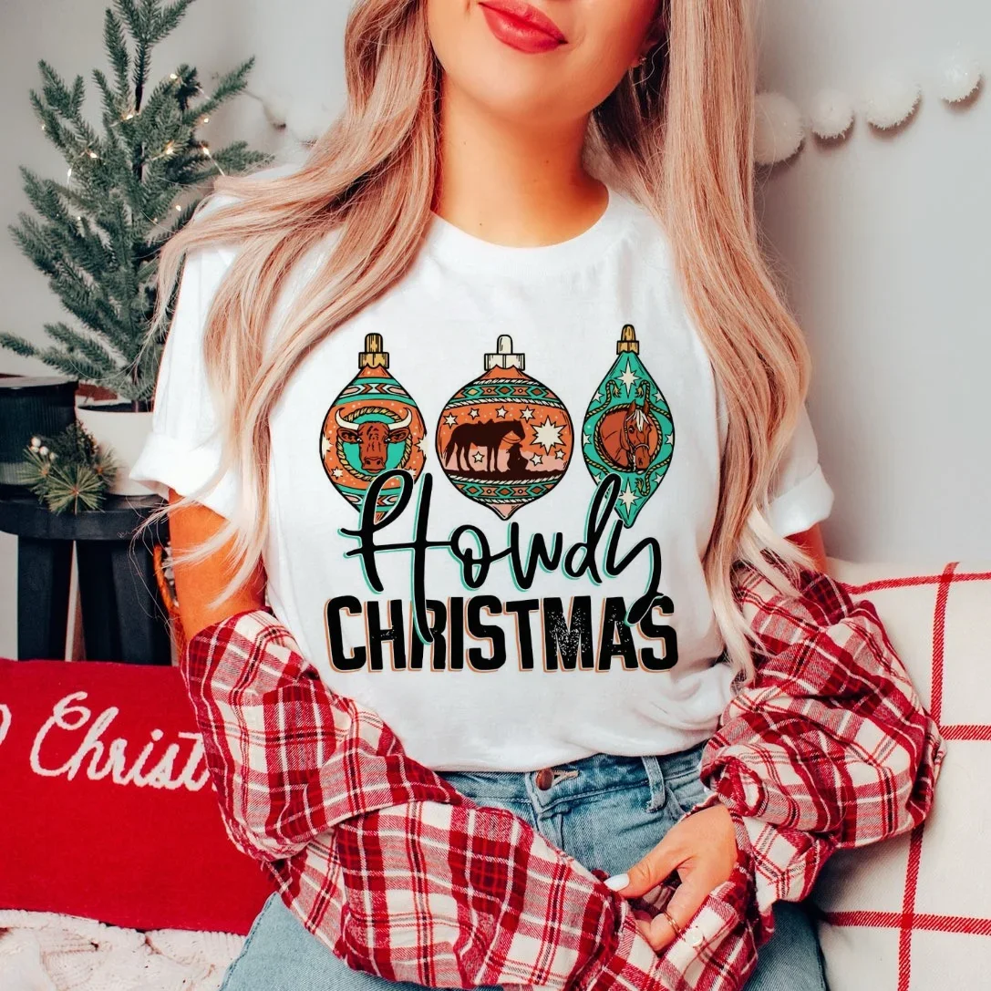 Howdy Christmas Ornament Western Cowboy Printed Pattern Short Sleeve Watercolor Harajuku O-Neck Cute Top New Year's T-Shirt