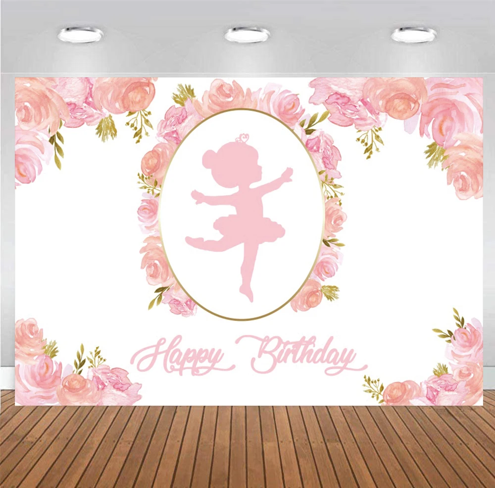 Ballet Backdrop Birthday Baby Girl Ballerina Party Decoration Banner Pink Flowers Floral Photo Background Photography Props