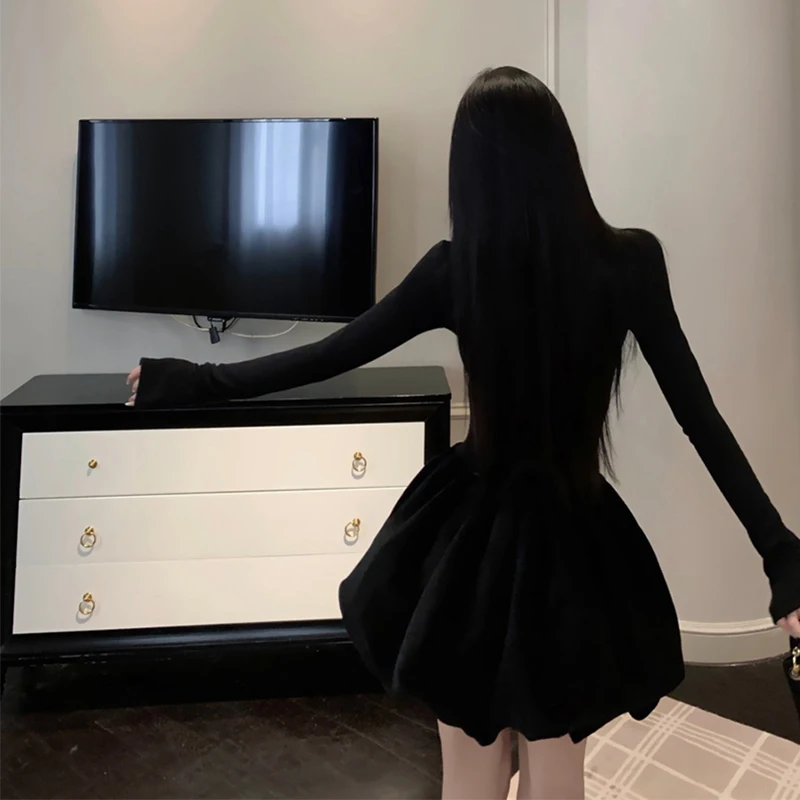 Vintage Zwarte Mini Jurk Vrouwen Elegant Party Prom Bow Lace Up Bud Jurken Koreaanse Sexy V-hals Lange Mouw Bodycon A-lijn Vestidos