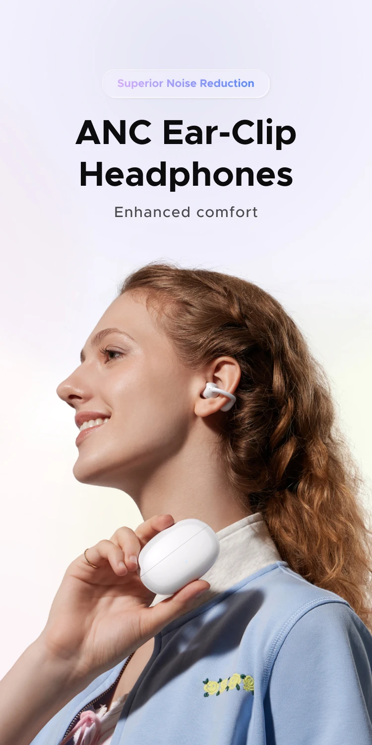 UGREEN ClipBuds Open Ear Wireless Headphones Bluetooth Earphones ANC Dual-feedback Active Noise Cancellation, 32 Hours Playtime
