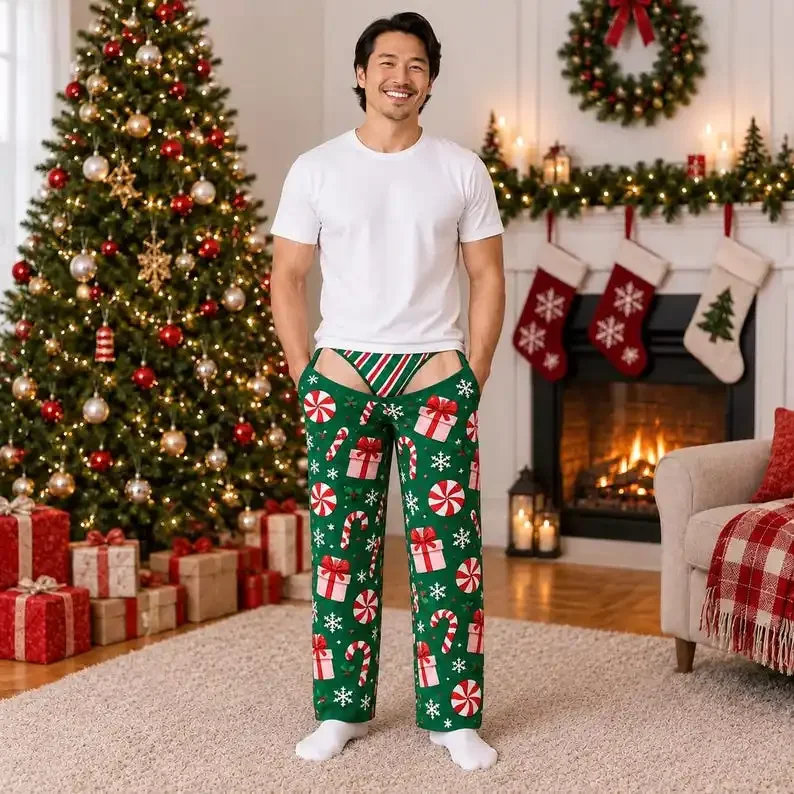 Men Funny Pink Christmas Pajama Pants Santa Heart Bow Print Fake Thong Cutout Wide Leg Trousers Novelty Xmas Holiday Party Prank