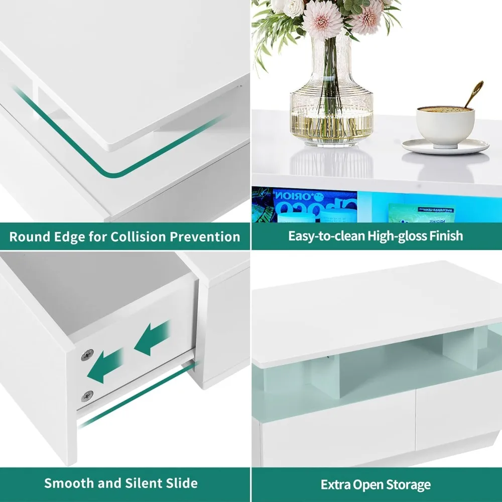 LED Coffee Table with Storage, High Glossy LED Coffee Tables for Living Room, Small Center Table with Open Display Shelf & Slid