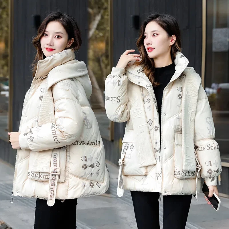 Down Cotton Coat Women 2023 Spring New Fashion Loose Casual Winter Jacket Female Large Size Hooded Letter Print Parkas Trend