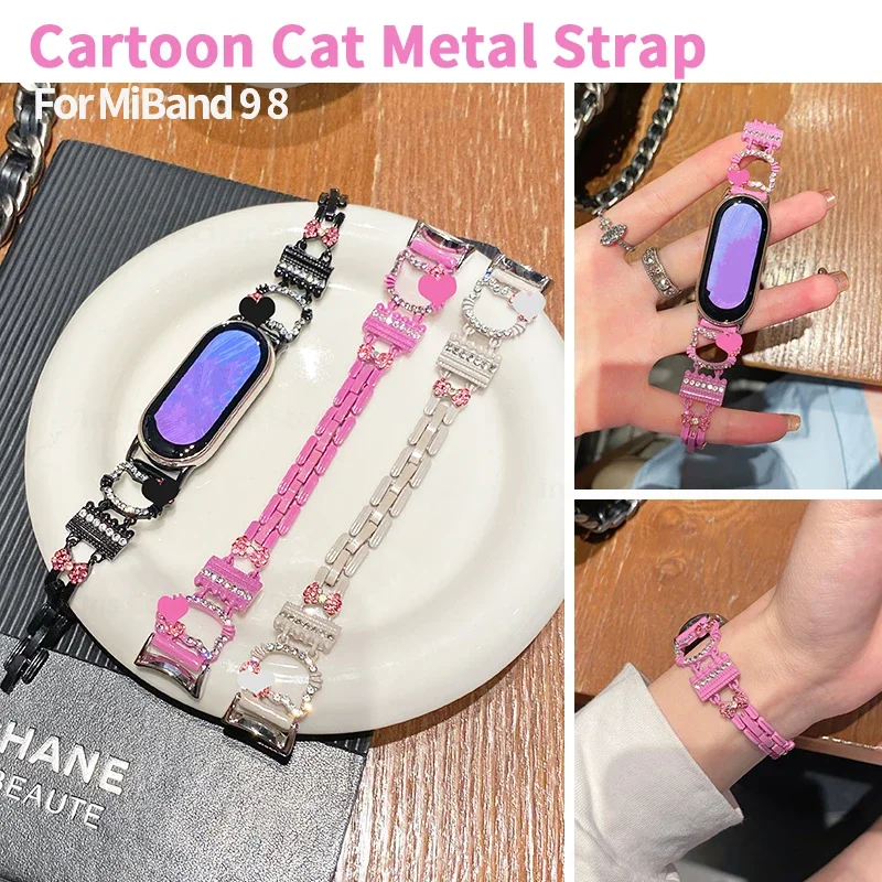 Cute Cartoon Cat Metal Strap for Xiaomi MiBand 9 8 Bling Diamond Bracelet for Miband 8 9 NFC Women Jewelry Smartband Accessories