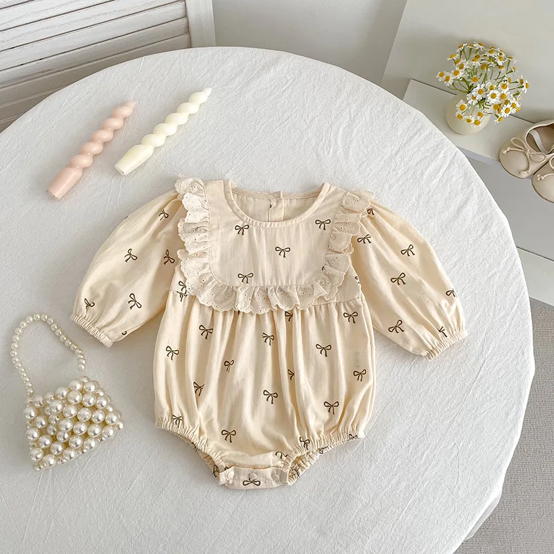 

Girls' Dress Spring and Autumn Baby Romper Infant Onesie Bowknot Print Princess Dress Sister Outfit