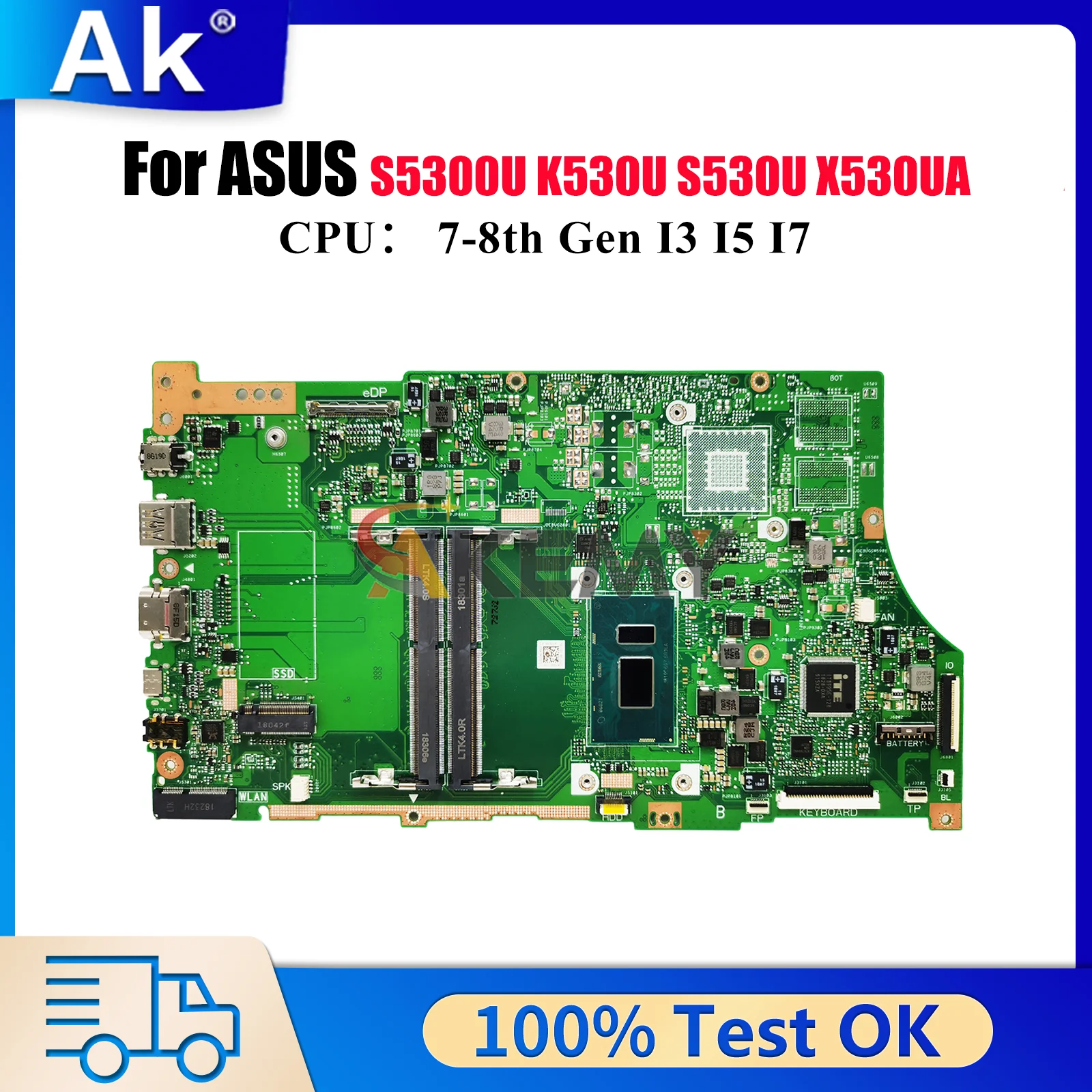 

X530UA Материнская плата для ноутбука ASUS VivoBook K530U X530U X530UN S530U S5300U X530UA Материнская плата с процессором I3 I5 I7 100% tests OK stk