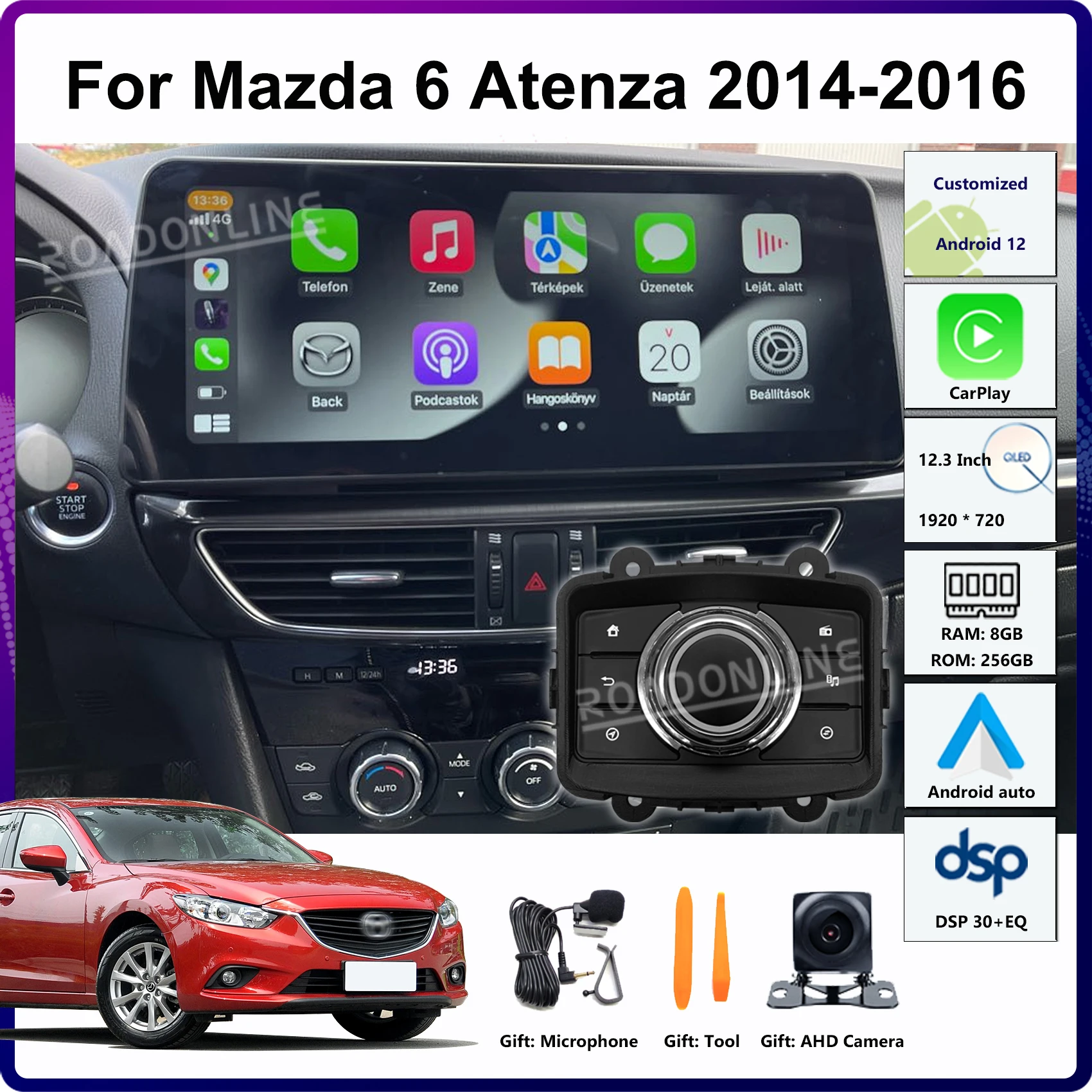 12.3” Android12 For Mazda 6 Mazda6 Atenza 2014-2016 8-Core GPS Car Multimedia Player Stereo Receiver Radio With Joystick CarPlay