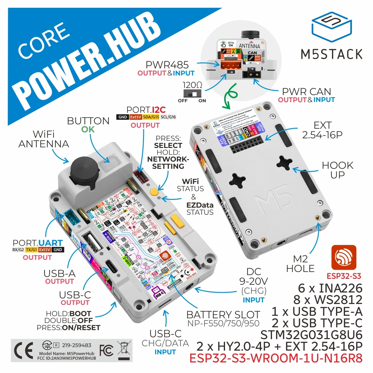 

M5Stack Official PowerHub loT Controller without Battery (ESP32-S3)