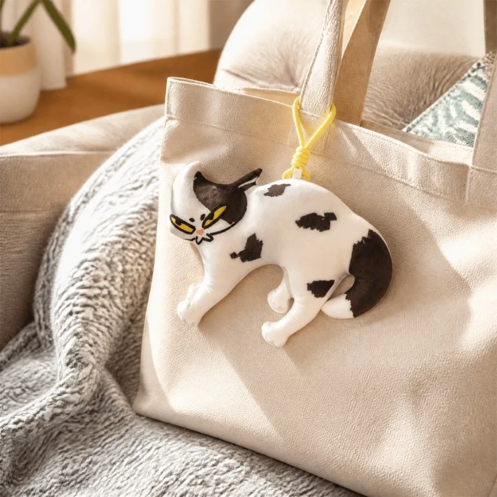 Unique Soft Angry Cat Keychain Cartoon Animal Shape Funny Stuffed Pendant Cute Creative Plush Keyring Bag Decoration