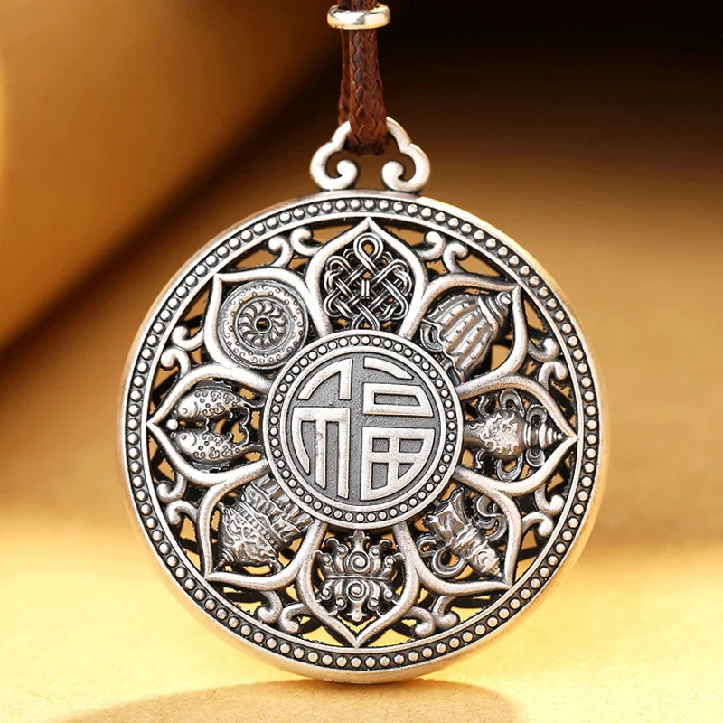 

Blessing The Eight Treasures of Buddhism Safety Buckle Pendant Men Jewelry Retro Hollow Lines Flower Fu Necklace Women Jewelry