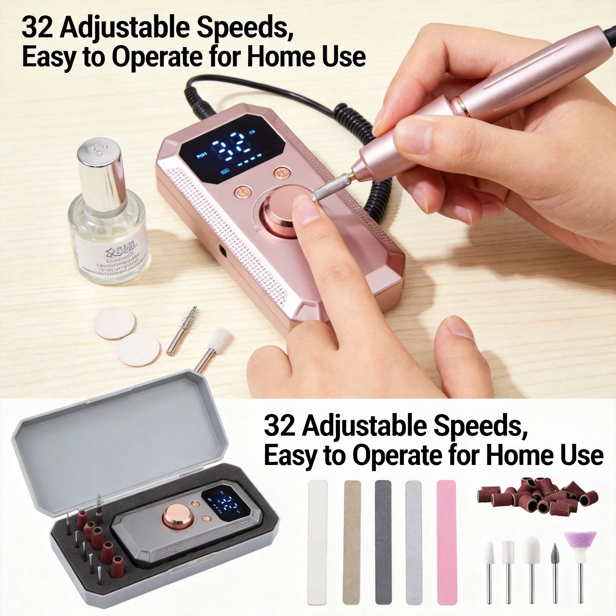 Professional Electric Nail Drill forGel Nails Polish 32 Speed Reversible Rotation with Digital Display Portable Rechargeable