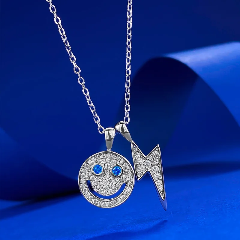 European and American Women's 925 Silver Necklace, Smiling Face, Lightning Necklace, Versatile and High-end Wedding Jewelry