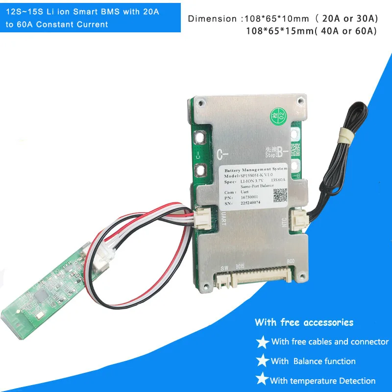 54.6V 13S 48V Li ion Battery Smart Bluetooth BMS with APP and PC monitoring function 20A 30A 40A 60A