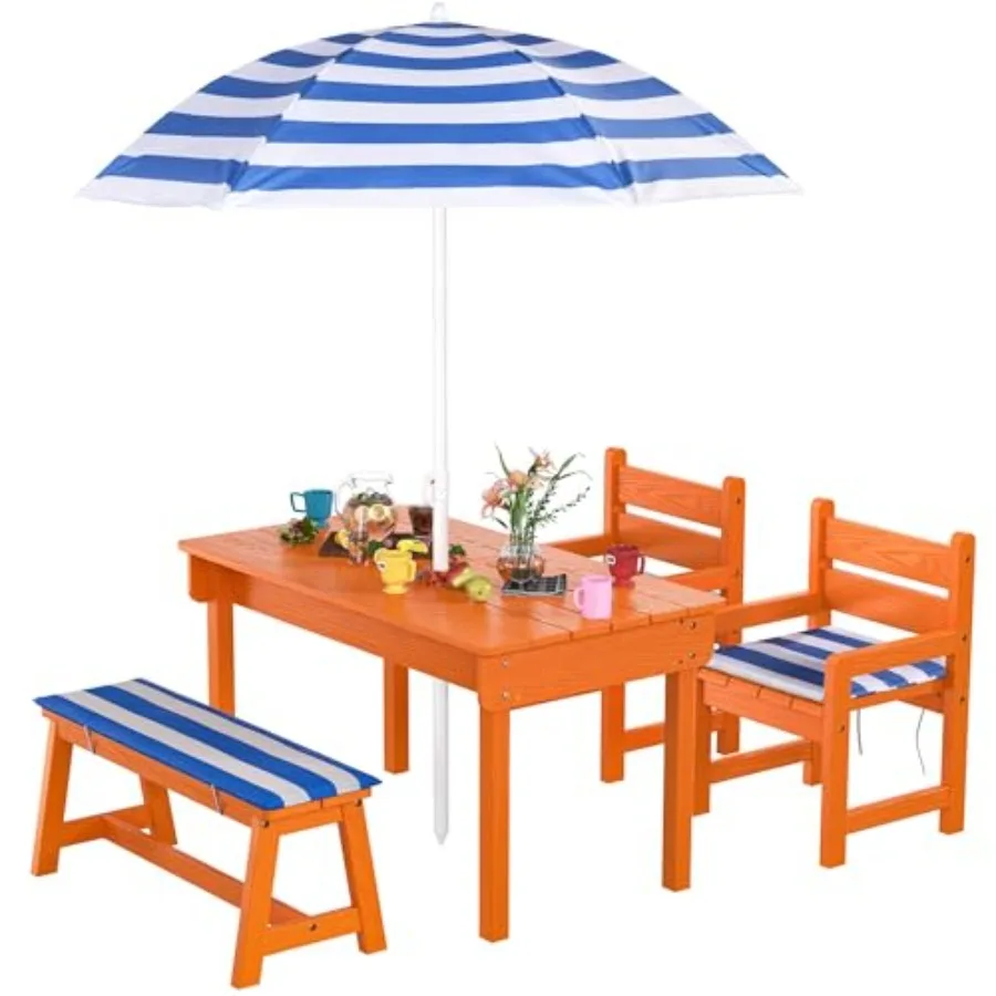 Picnic Table for Indoor Outdoor Play, Wooden Sand and Water Play Table, Natural Wood Color with Blue Umbrella, Large Size with