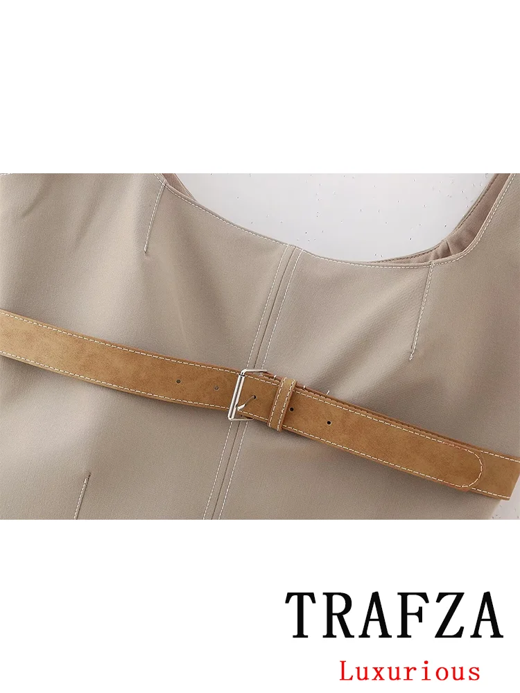 TRAFZA Vintage Sexy Chic Casual Women Tops Solid Belt Slash Neck Sleeveless Vest Fashion 2024 Spring Summer Turtleneck Tops