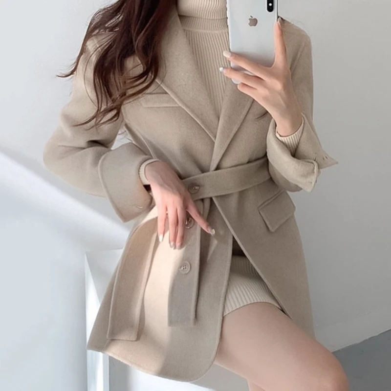 Cappotto di lana da donna chic vintage autunnale ort Svel con cintura ingombrante in vita Cardigan lungo Sve Sle Commute Faion