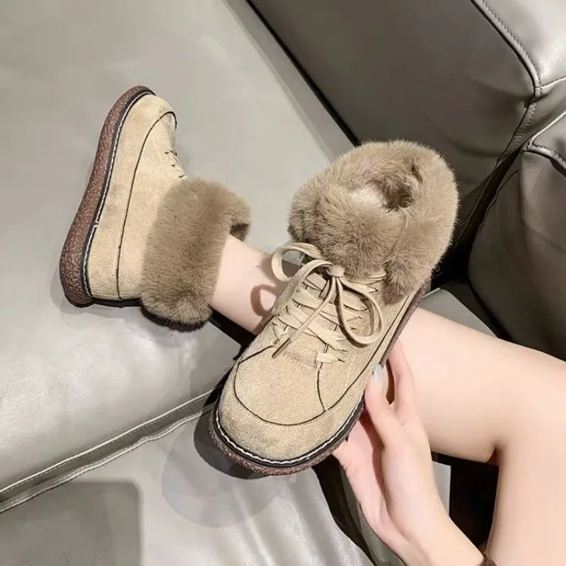 Ankle Woman Shoes Round Toe Booties Lace-up Elegant with Low Heels Snow Boots for Women Laces Furry on Promotion Offer New Rock