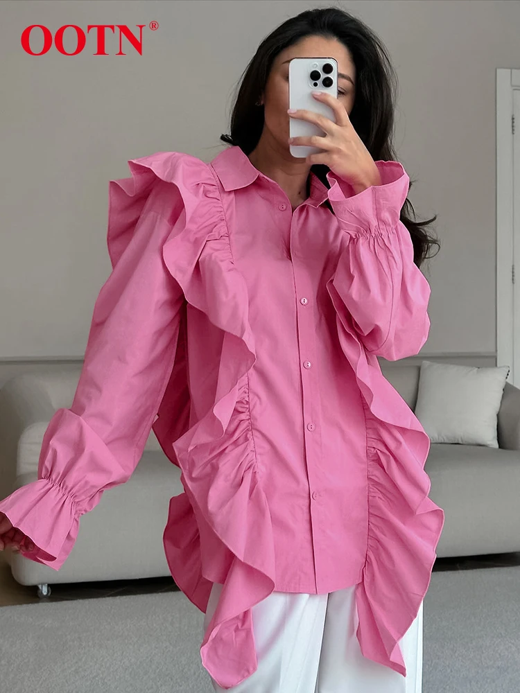 OOTN Fashion Pink Frilled Blouses And Tops Office Ladies Long Sleeve Ruffled Classic Lapel Shirts Summer Autumn 2024 Women Blue