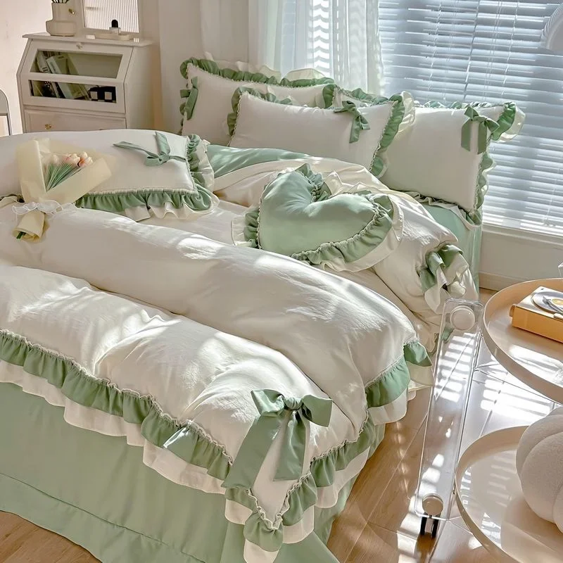 Spring Green Princess Bedding Set Double Layer Lace Bow Quilt Cover Sheet And Pillowcase Simple Pastoral Girl Home Textiles