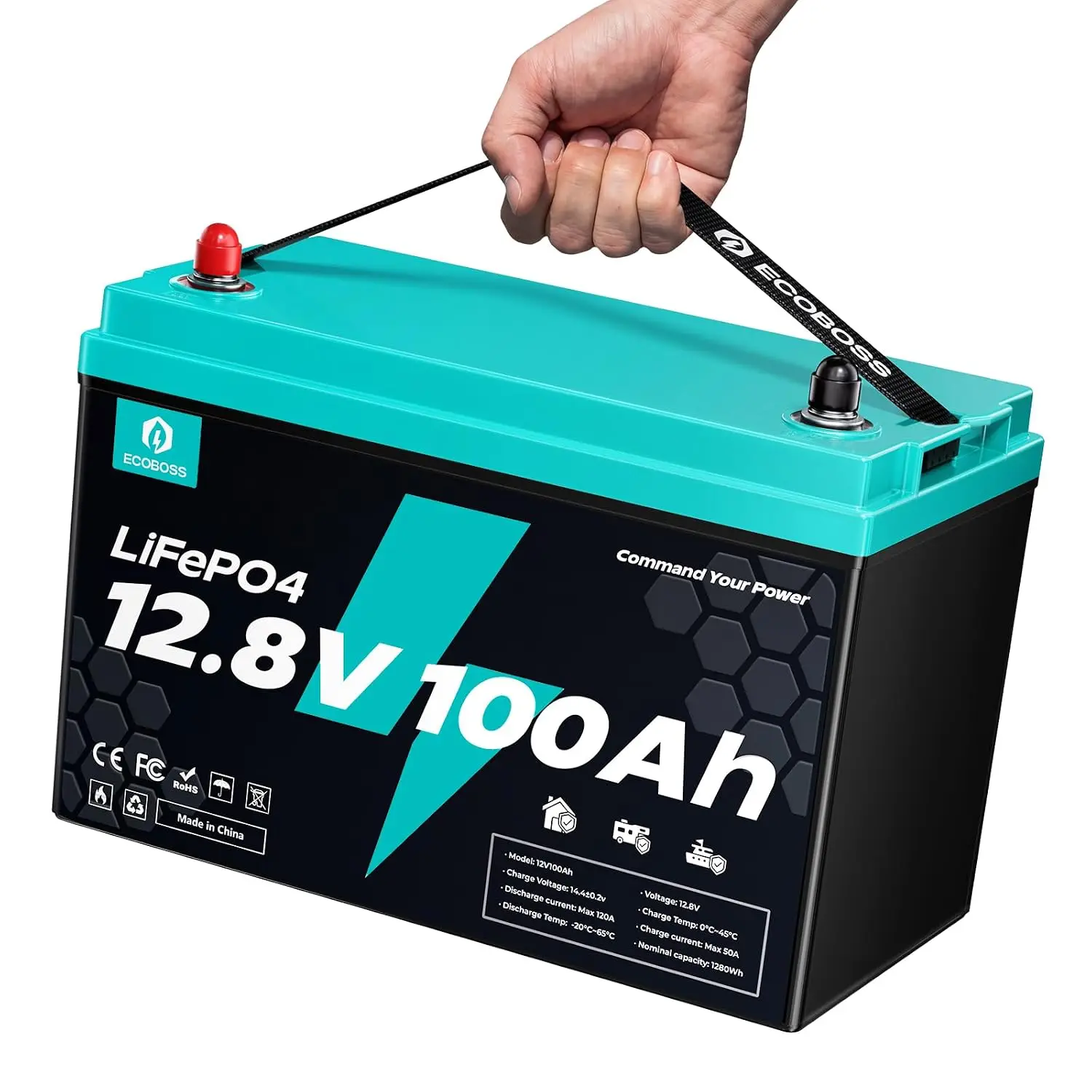 12V 100Ah LiFePO4 Battery, 1280Wh Deep Cycle, 120A BMS, 15000+ Cycles, Low-Temp Cutoff, RV Marine Solar Off Grid, Customized