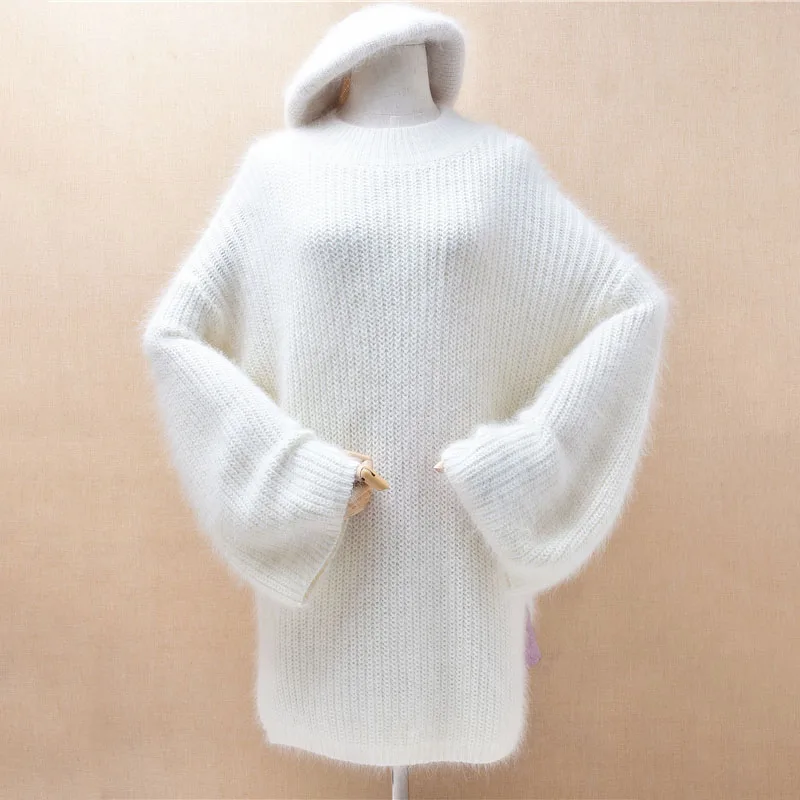 Ladies Women Autumn Winter Fashion White Angora Rabbit Hair Knitted Split O-Neck Long Sleeves Medium Long Sweater Jumper Dress