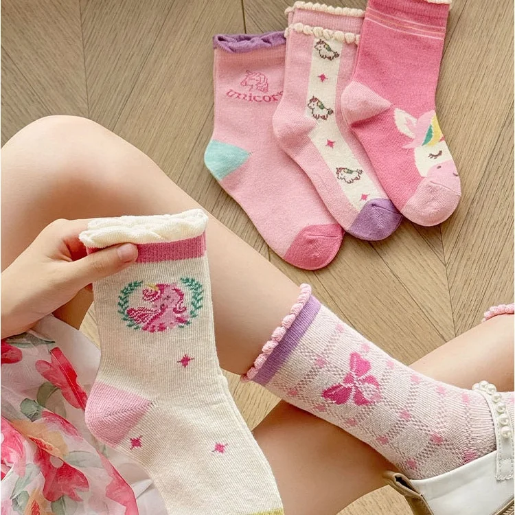 5 Pairs Children\'s Socks Spring Autumn Cotton Socks Girls Mid Calf Socks Purple Unicorn Cartoon Socks Girls Cute Pattern Socks