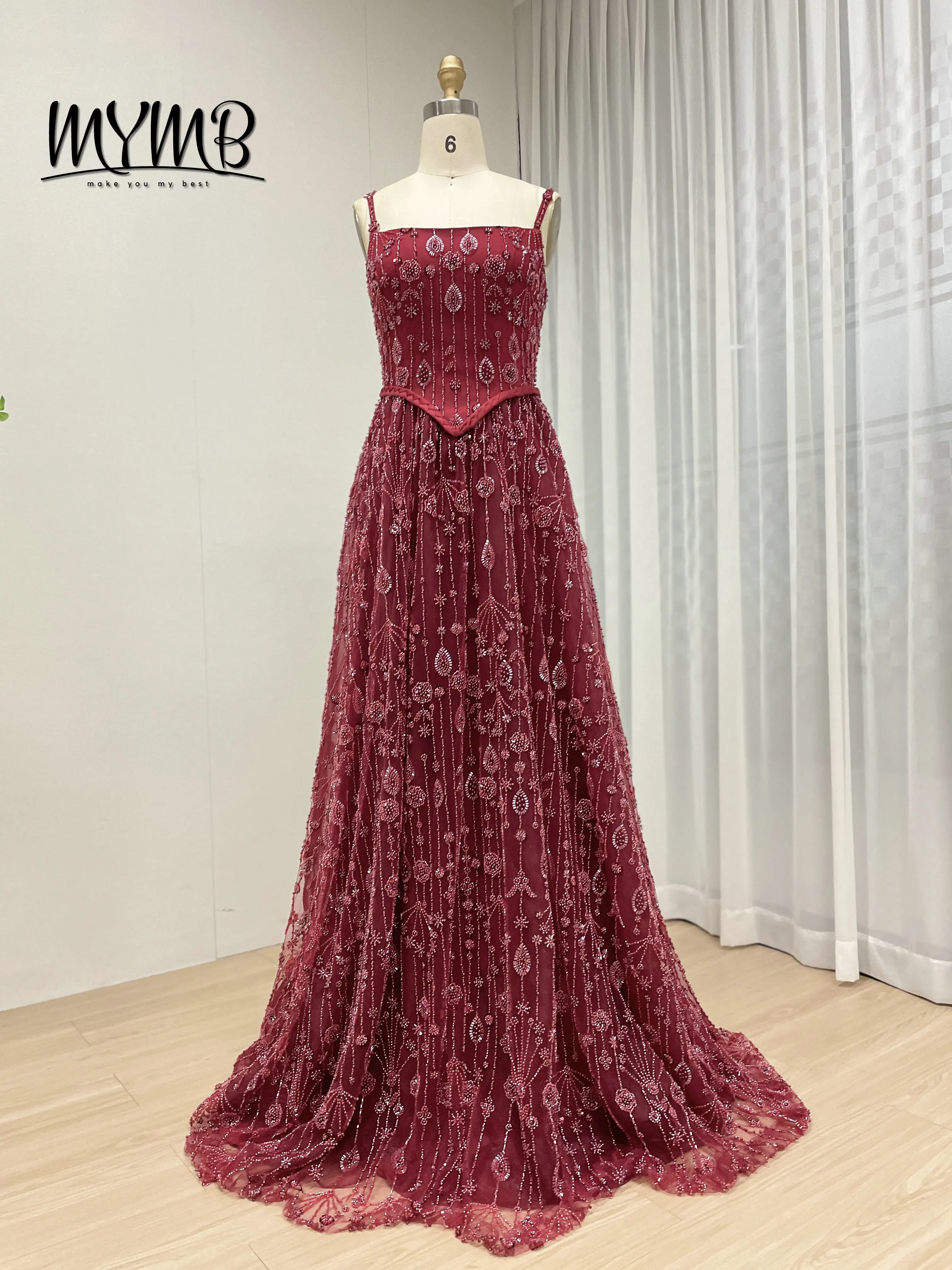 MYMB vin vert clair une ligne élégante robe de soirée de luxe à bretelles Spaghetti avec belle perle exquise adaptée au bal MB40345