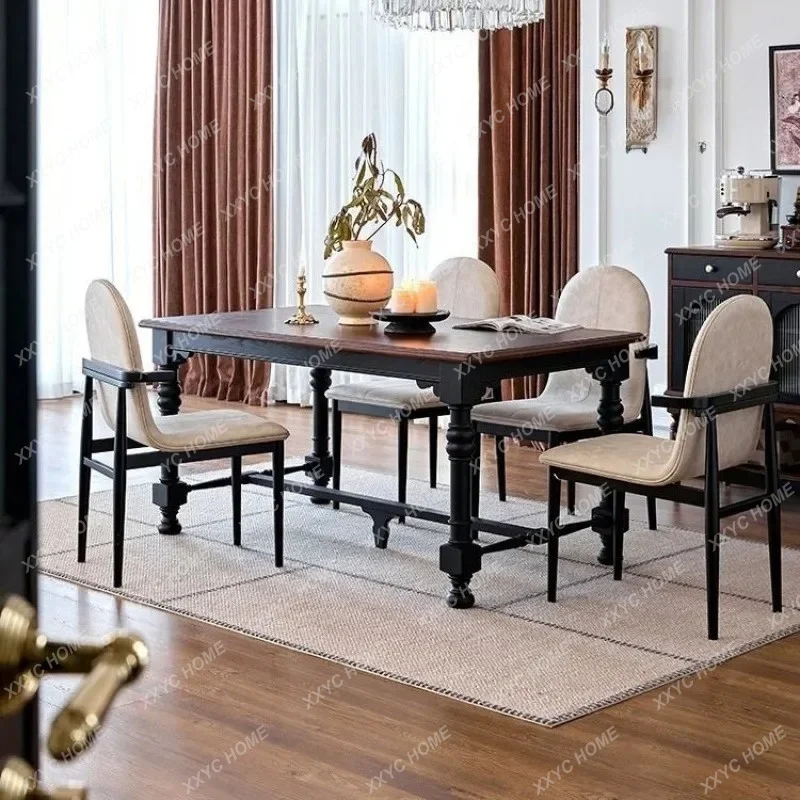 XX X Solid Wood Dining Table And Chairs  Retro Light Luxury Black Rectangular Table Living Room Dining Table