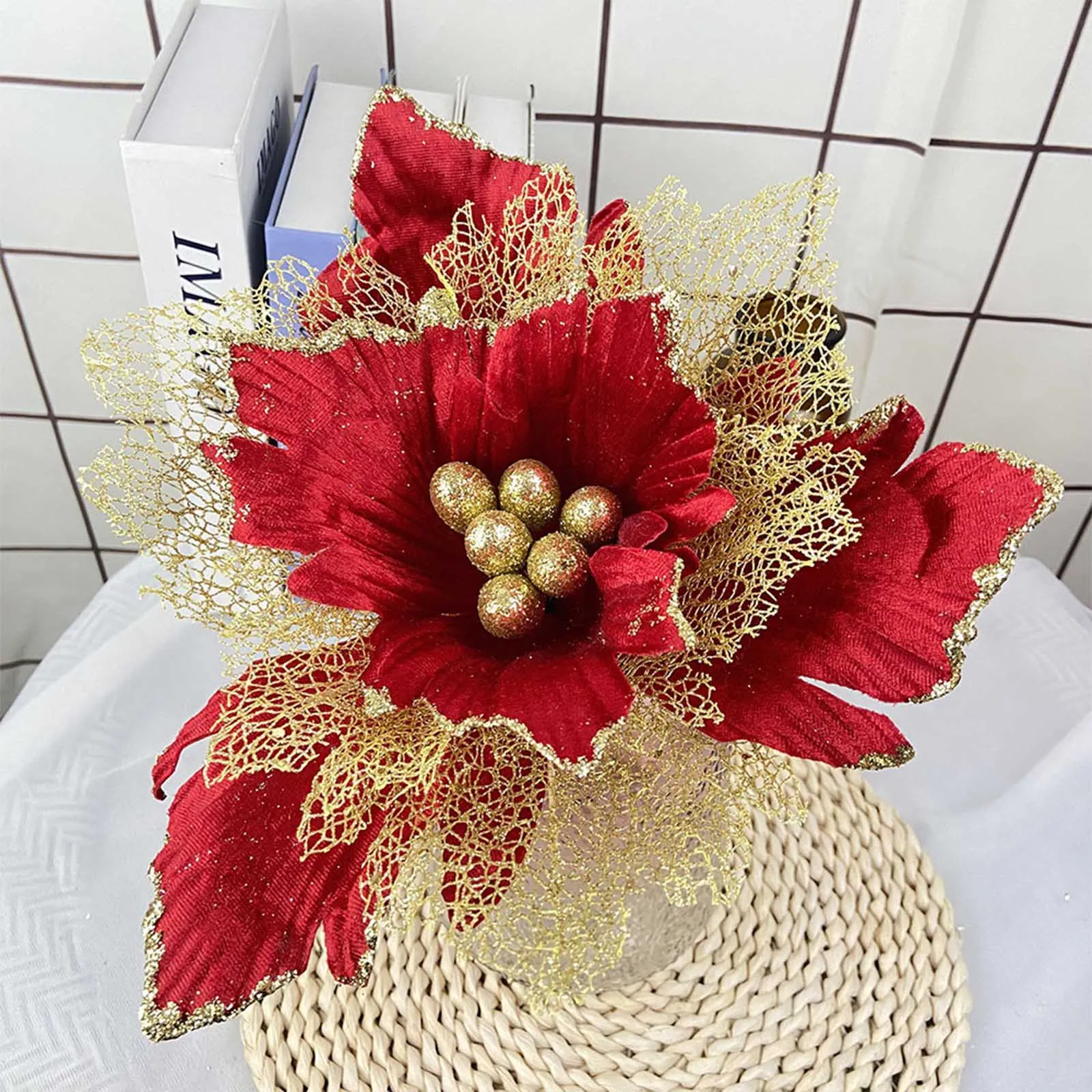 Christmas Glitter Flower Christmas Tree Ornament Poinsettia Flowers Artificial Flower Christmas Party Home Decor