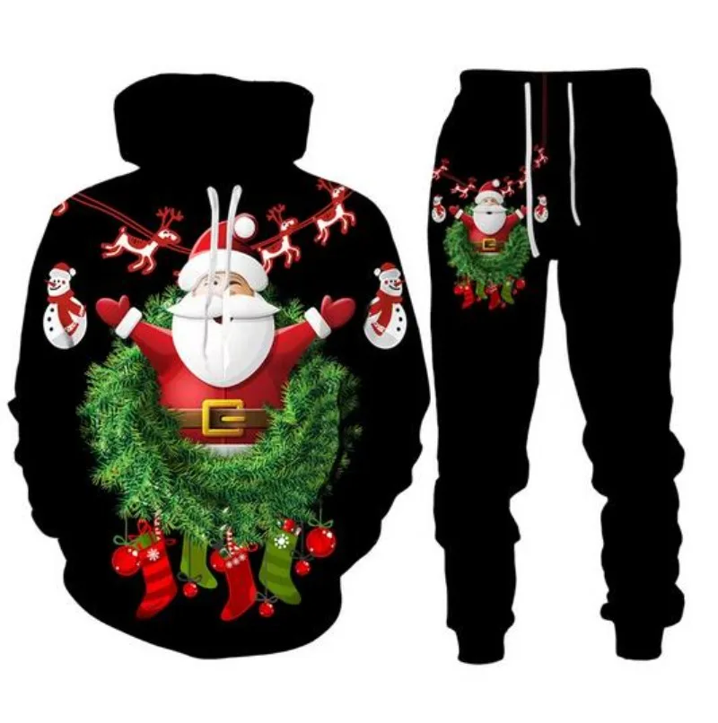 New Year Christmas Men's Anime Hoodie Pant Suit Santa Claus 3D Printed Party Street Wear Men/Women Fun Festive Tracksuit