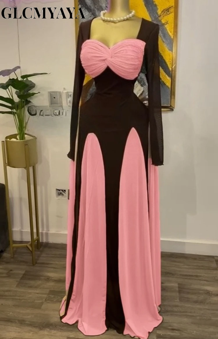 GLCMYAYA المرأة كم طويل ثنيات الجبهة ميدي ألف خط المرقعة ماكسي فستان طويل 2025 عطلة عطلة فساتين حفلة عيد ميلاد