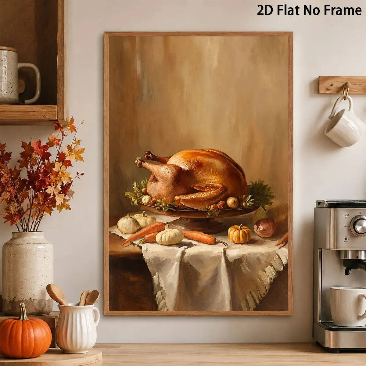 2D Flat, 2D Flat, 1pc Autumn Roasted Turkey Posters Halloween Classical Oil Painting Wall Art Thanksgiving Unframed Canvas Pr