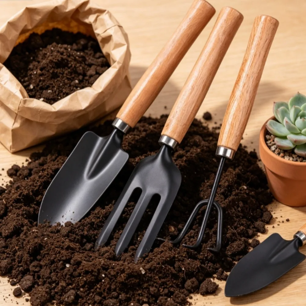 3 Piece Potting Tool Set Including Shovel Fork and Rake Made of Iron and Natural Wood for Precision Soil Mixing and Planting