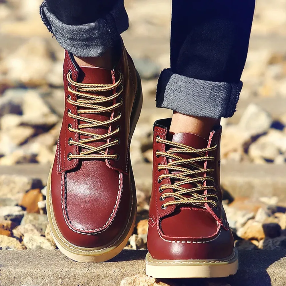 

2026 New Genuine Leather Men's Ankle Couples Work Cowboy Lace Up Motorcycle Unisex Fashion Western Boots Plus Size 38-46