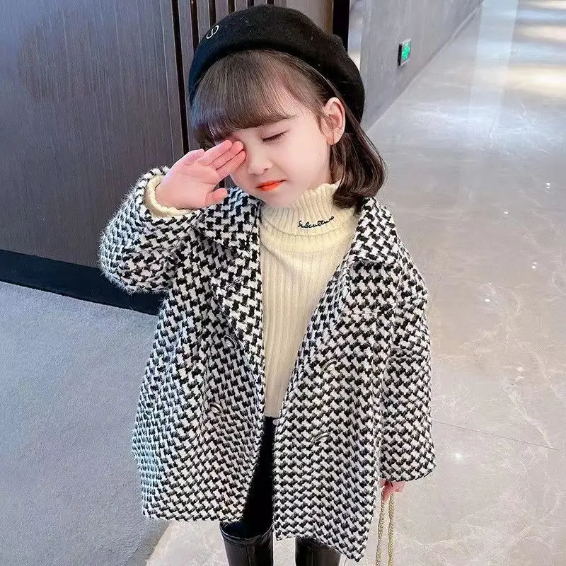 2025 Spring Autumn Girls' Houndstooth Check Wool Blend Coat Korean Fashion Half Collar Streetwear Coat for Tween Girls Warm