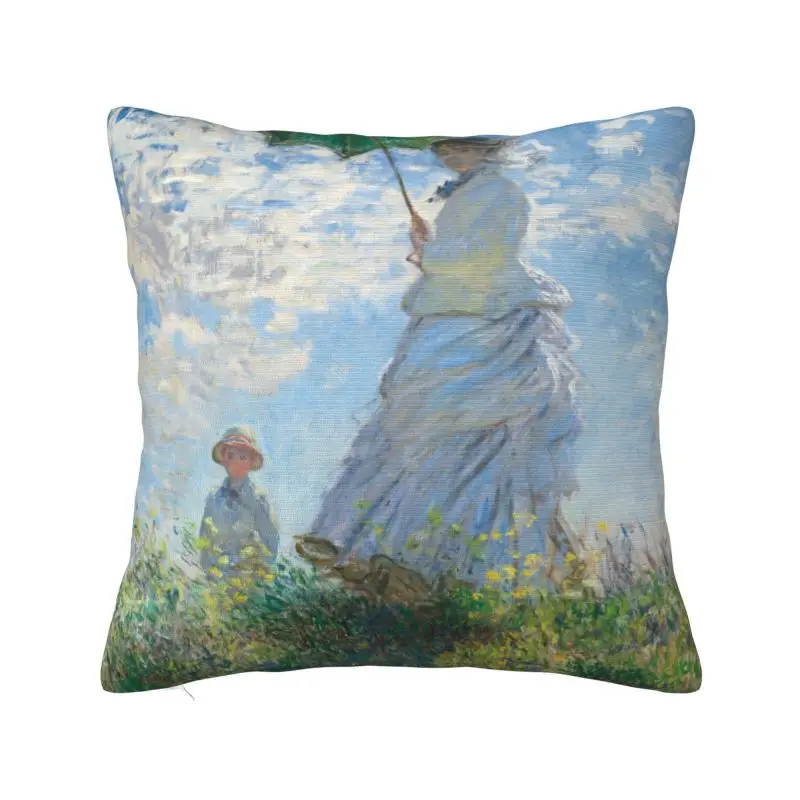 Modern Woman With A Parasol By Claude Monet Cushion Cover for Sofa Velvet Modern Painting Art Throw Pillow Case for Living Room