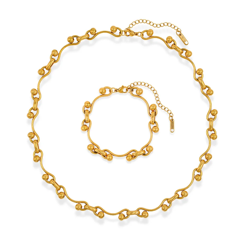

New Stainless Steel Chain Necklace Bracelet Set for Women Gold Plated Solid Metal Jewelry Kpop Gift