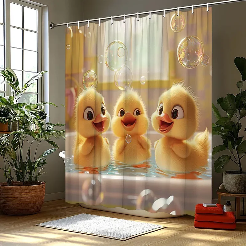 Playful Ducks Shower Curtain - Heartwarming Bath Time, Polyester, 12 Hooks, 70.8x70.8 Inches, Adorable Design, Machine Washable
