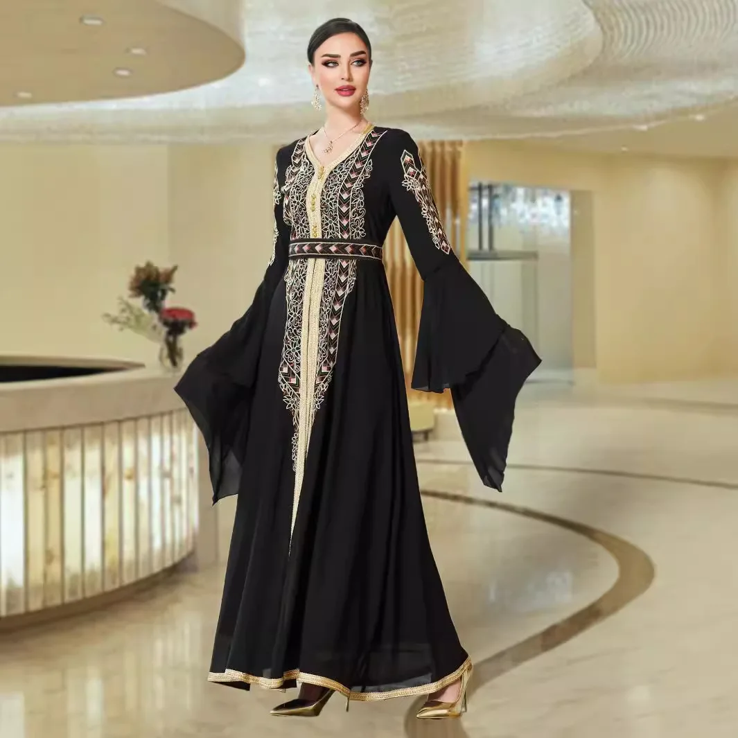 Arab Mesh Embroidered Dress with Belt V-Neck Super Full Sleeves Stylish Abaya for Luxury Muslim Woman Moroccan Party Kebaya Gown