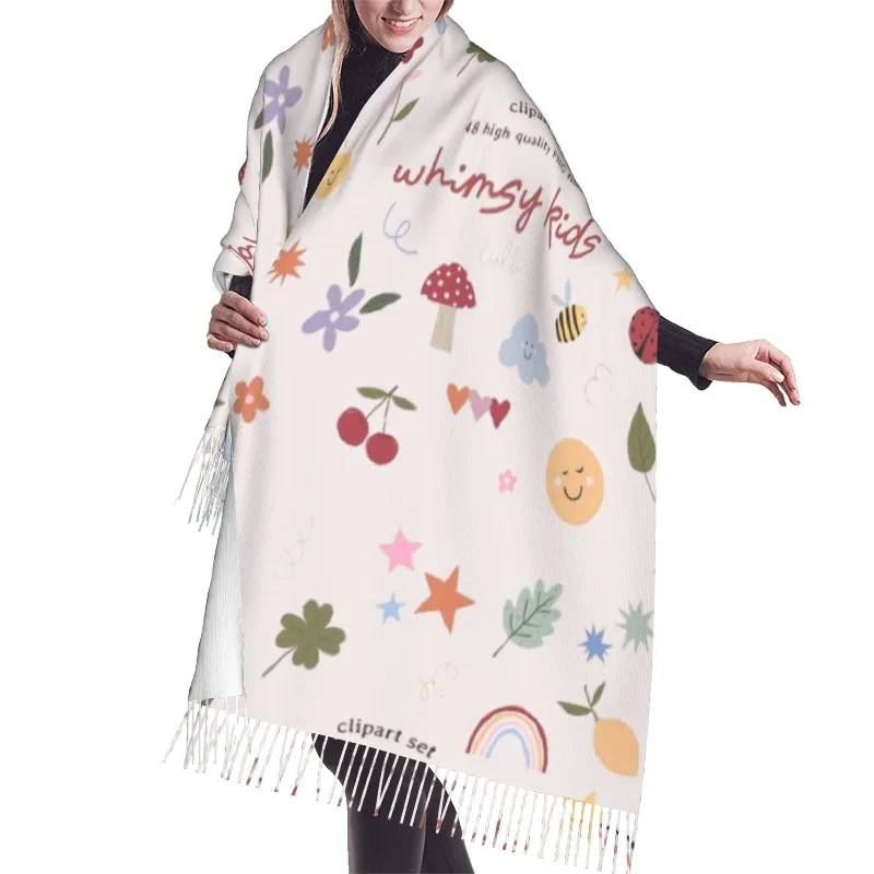Flower and Plant Cartoon Winter Cashmere Scarf Women Luxury Print Female Shawl Wrap Scarves Lady Thick Warm Blanket Gift