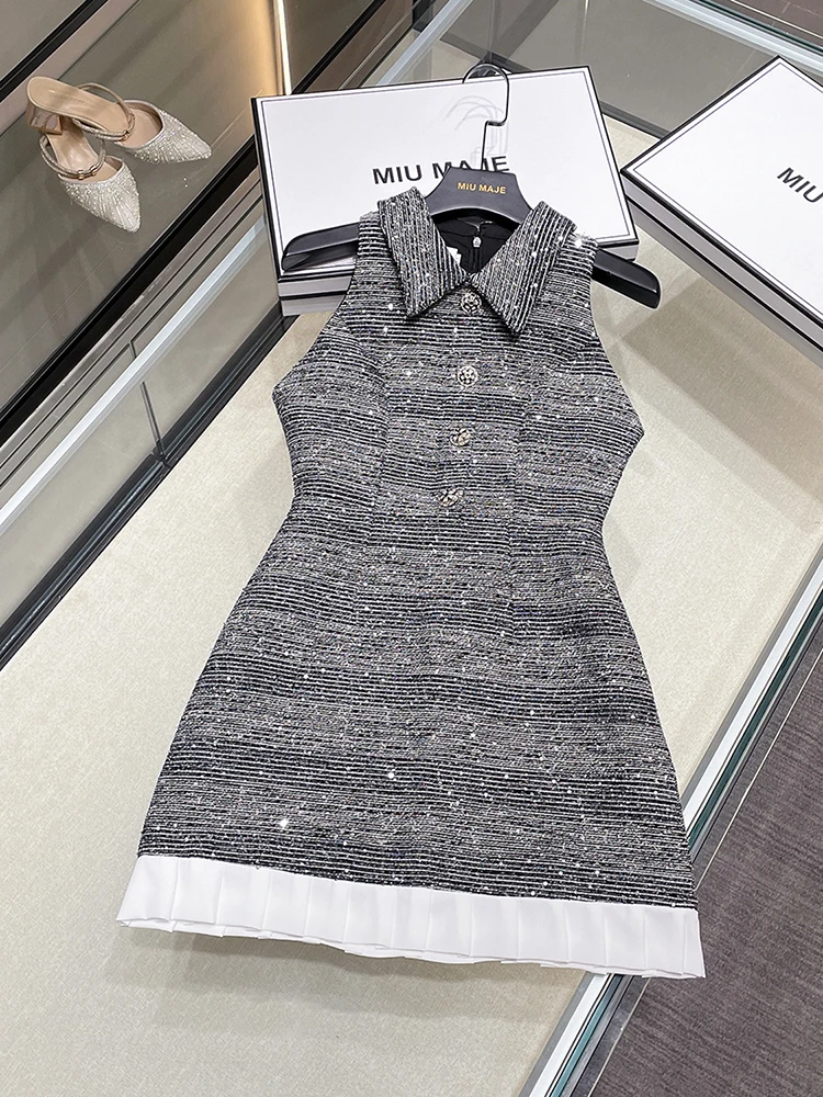 

iny Sequin Lapel Svel Vest Dr Women's High Waist A-Line Skirt Sle Summer Faion Commute ort Dr Length