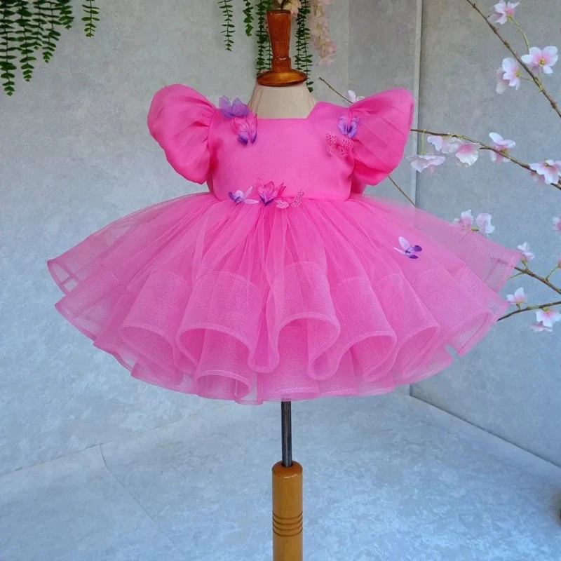 Rose Pink Tulle Girls Dress Puff Sleeve Bow Decoration Sweet Performance Party Evening Gown Childrens Pageant Formal Costume