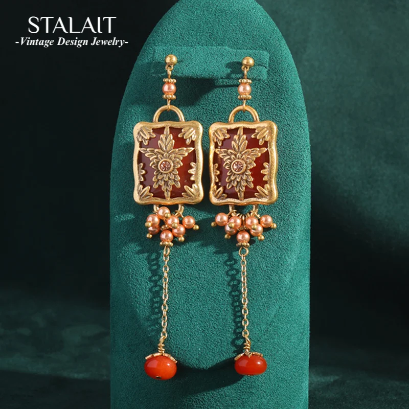 

Vintage Antique Palace Red Natural Stone Drop Earrings for Women Gold Color Long Pearl Dangle Jewelry Gifts for Women New 2025