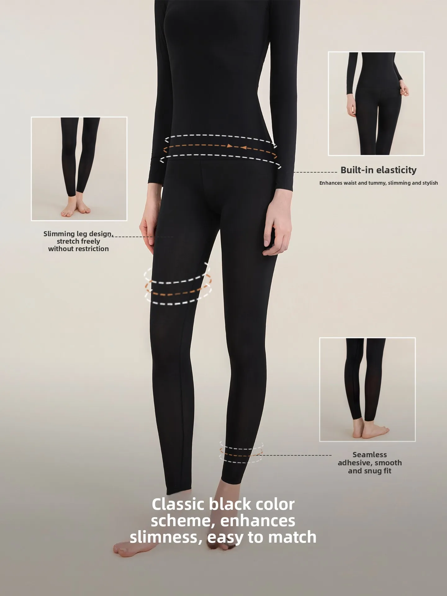 ELLE Hyaluronic Acid Thermal Underwear Set Women's Thickened Seamless Warm Trousers Tight Fit mid Waist Nylon Spandex