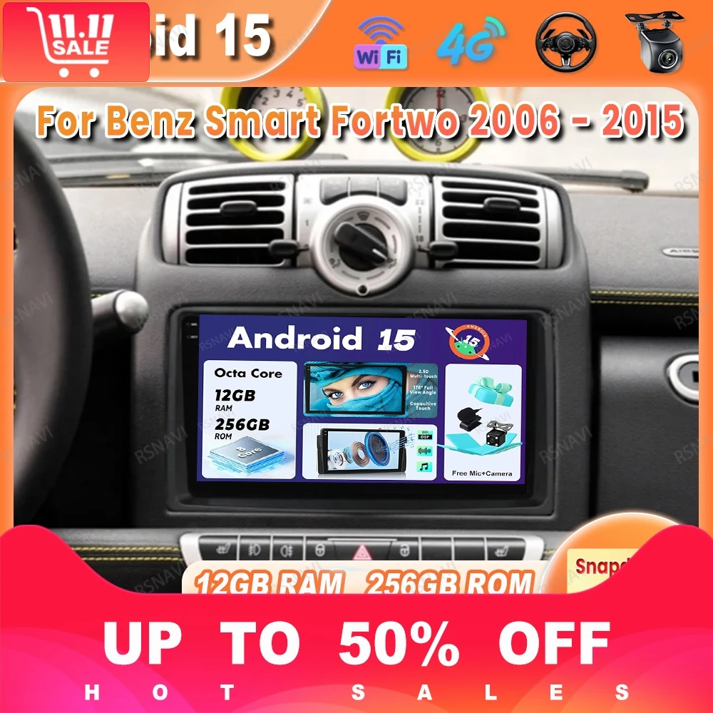 Car Radio Android 15 For Benz Smart Fortwo 2006 - 2015 Navigation Stereo Wireless Carplay Auto Multimedia GPS DSP Autoradio QLED