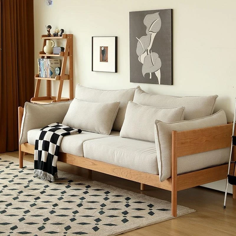 Solid wood sofa, cherry wood modern simple three-person fabric sofa, living room furniture
